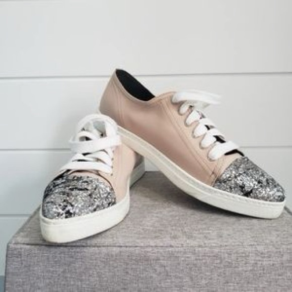 Boemos pinkish Tan Leather lace up Flats with glitter toe Size 39 Made in Italy - Picture 1 of 4